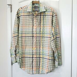 Thomas Dean Size L Button Down Cotton Checked Shirt, with Paisley Trim